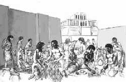 La vie urbaine et commerciale à Eridu avec son temple au fond